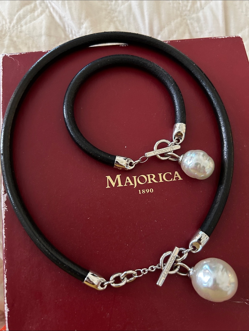 Majorica Black Leather Necklace and Bracelet Set with White Pearl Charms.
